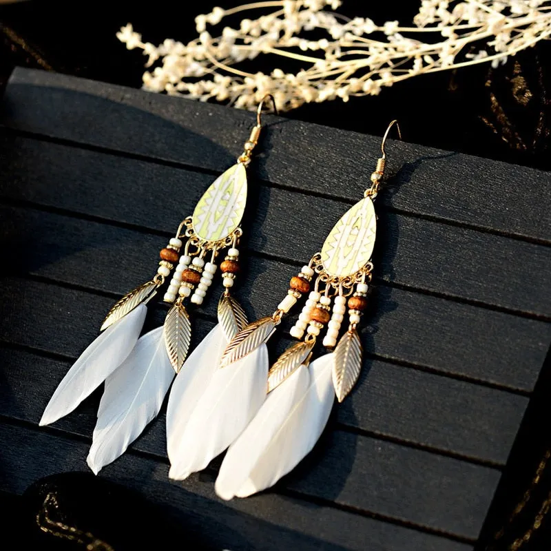 Bohemian Feather Tassel Earrings For Women Water Drop Vintage Statement Earrings