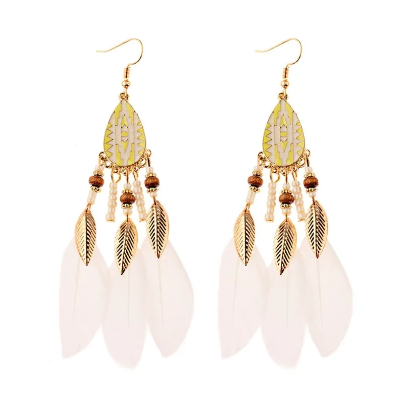 Bohemian Feather Tassel Earrings For Women Water Drop Vintage Statement Earrings