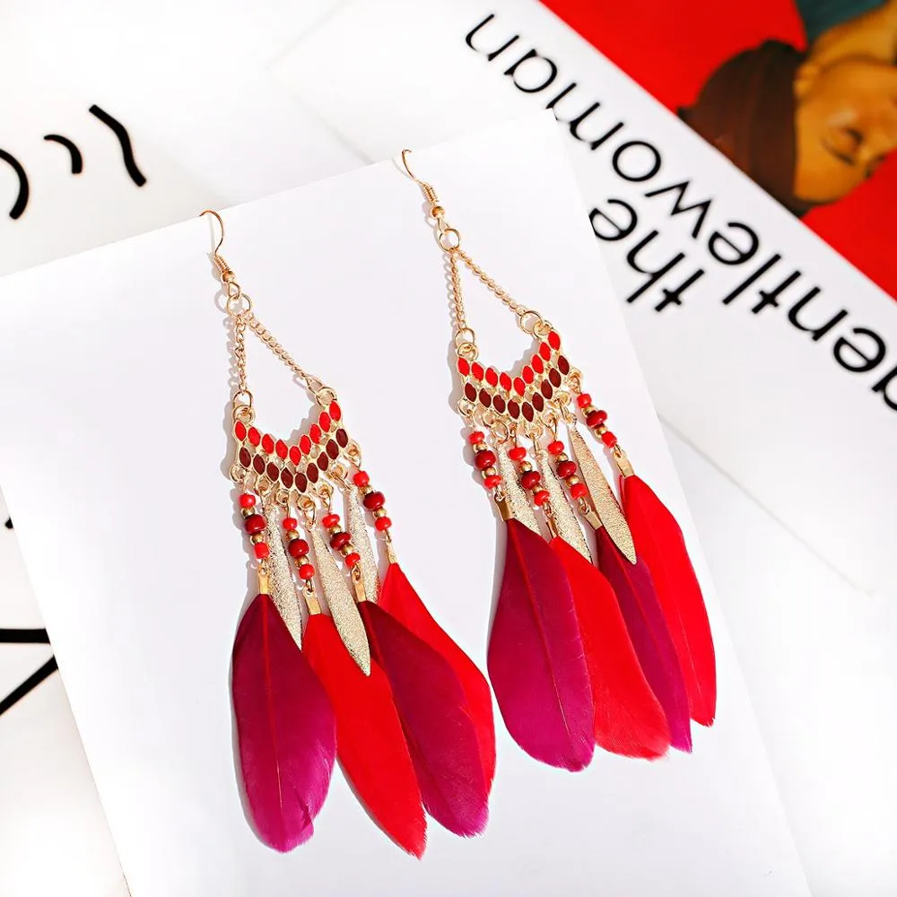 Bohemian Feather Tassel Earrings For Women Water Drop Vintage Statement Earrings