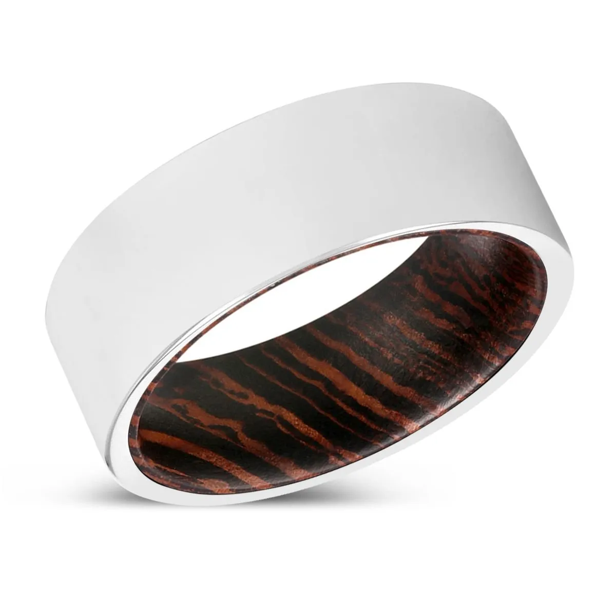 BOOKER | Wenge Wood, Silver Tungsten Ring, Shiny, Flat