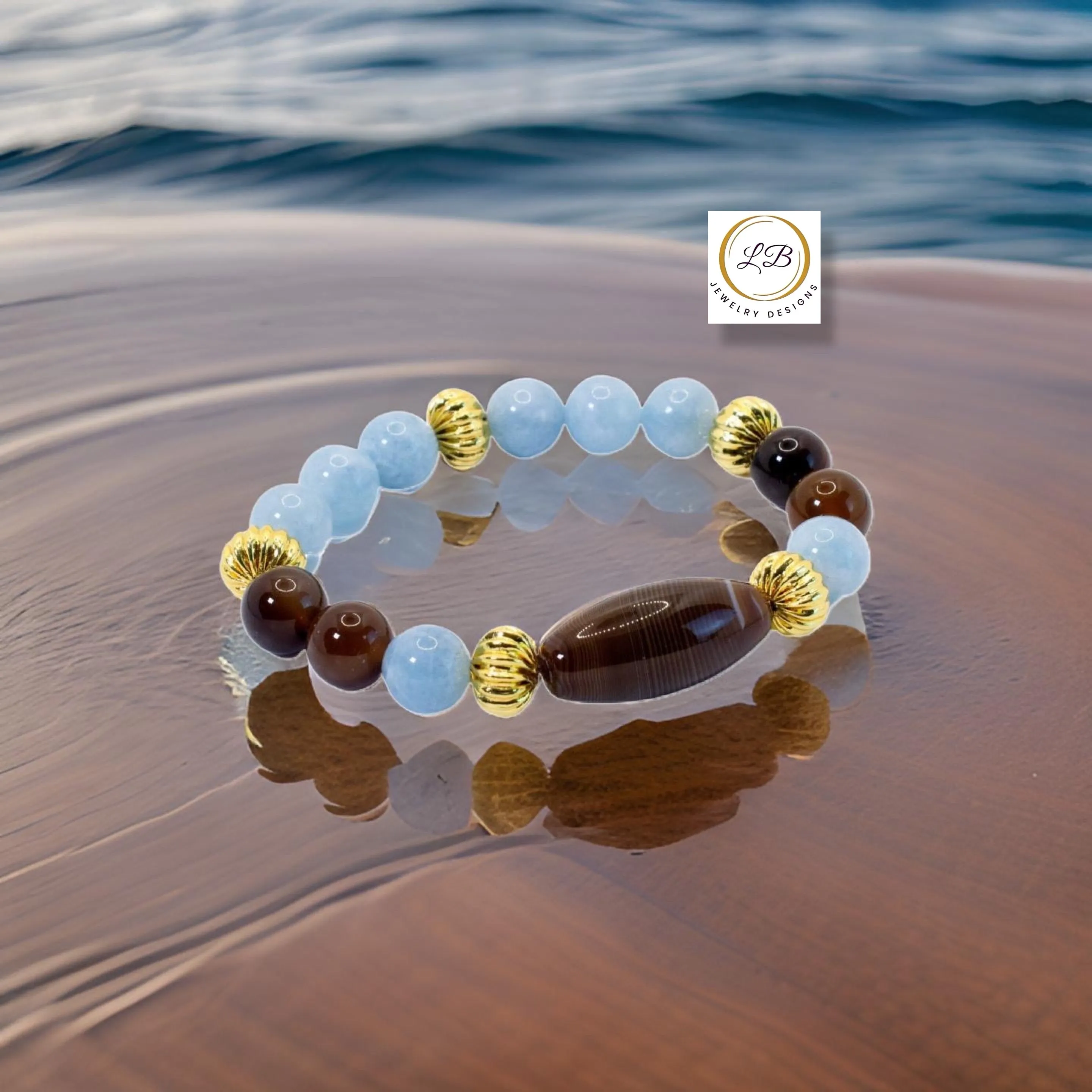 Botswana Agate & Aquamarine Gemstone Statement Bracelet