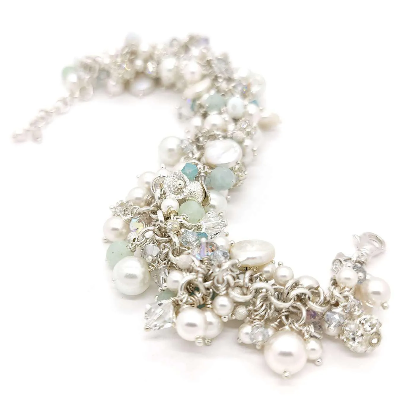 Bracelet - Aquamarine and White Pearls and Crystals by Sugar Sidewalk