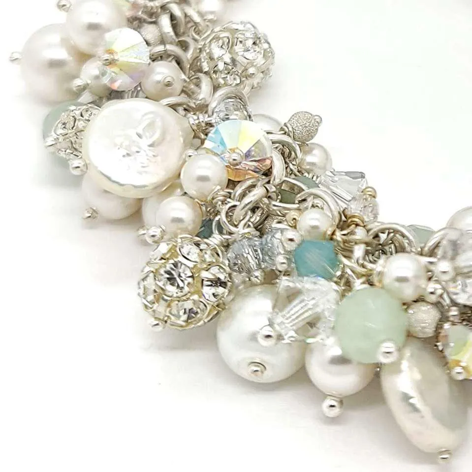 Bracelet - Aquamarine and White Pearls and Crystals by Sugar Sidewalk