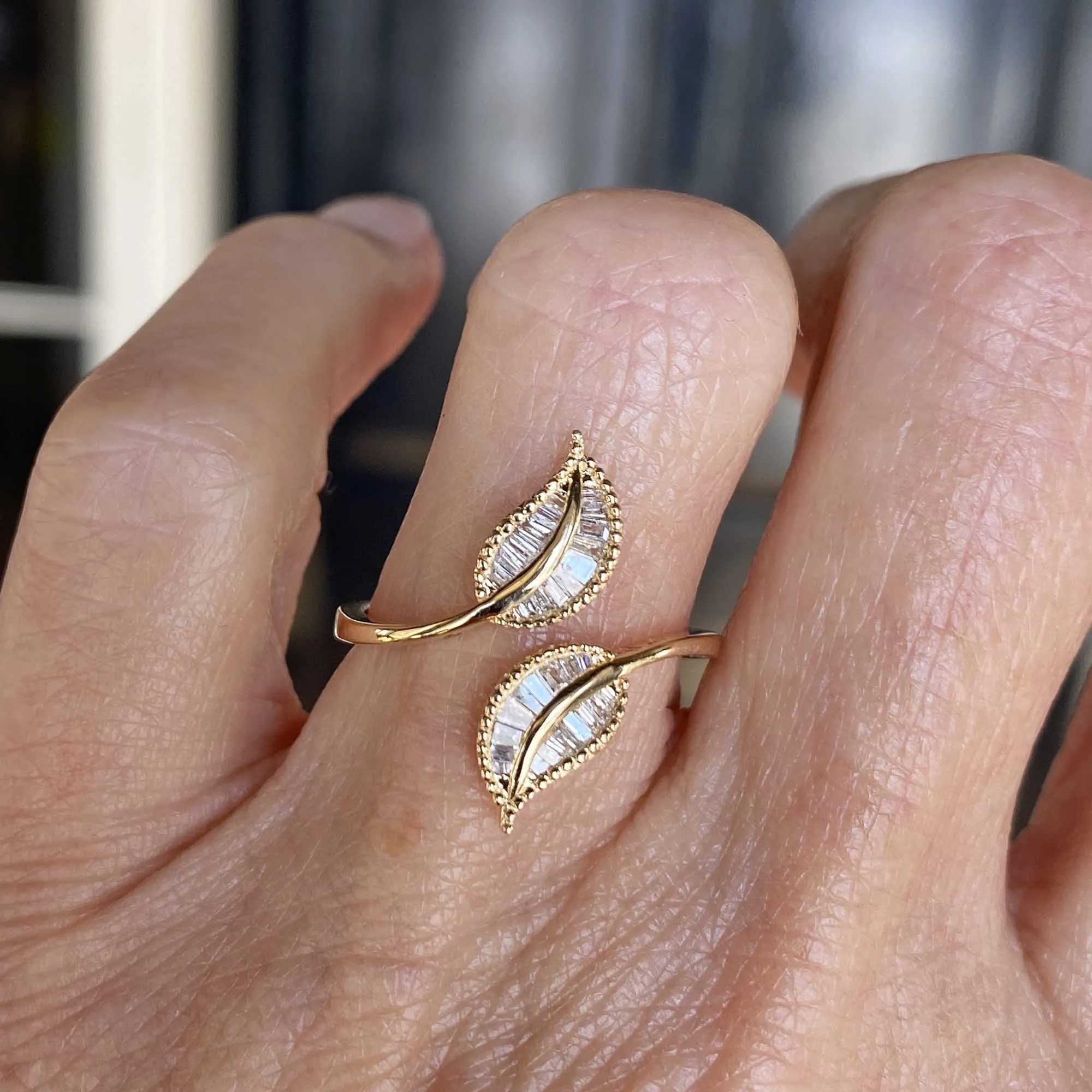 Bypass Ivy Leaf Baguette Diamond Ring in Gold