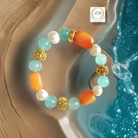 Carnelian, Pearl & Aquamarine Gemstone Gold Bali Bracelet