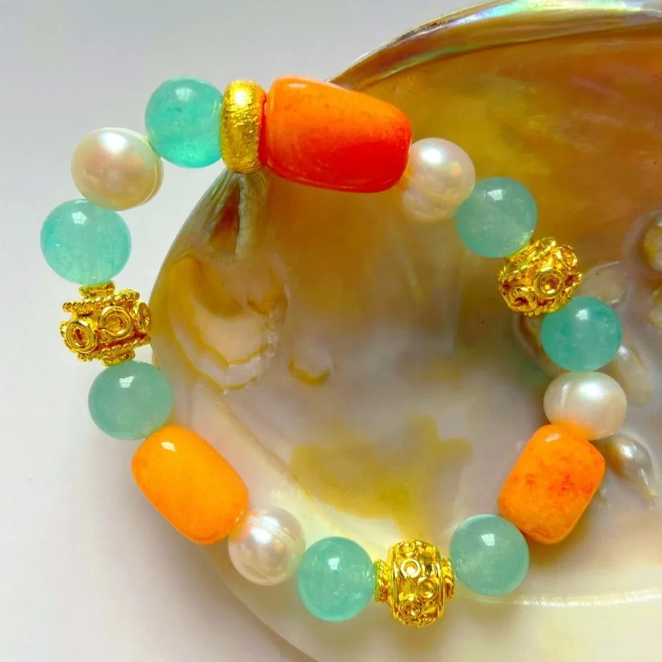 Carnelian, Pearl & Aquamarine Gemstone Gold Bali Bracelet