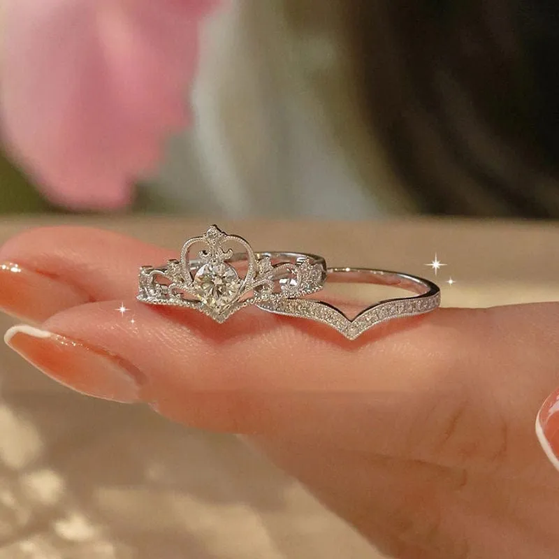 Charming Stackable Silver Crown Ring Set