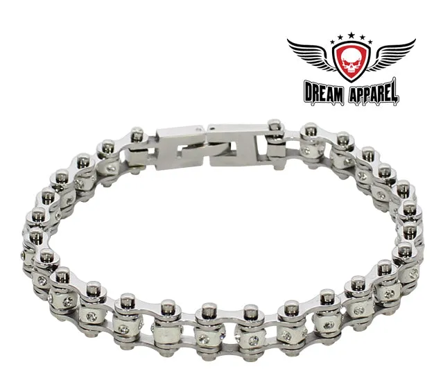 Chrome Plated And White Squared Motorcycle Bracelet With Clear Gemstones