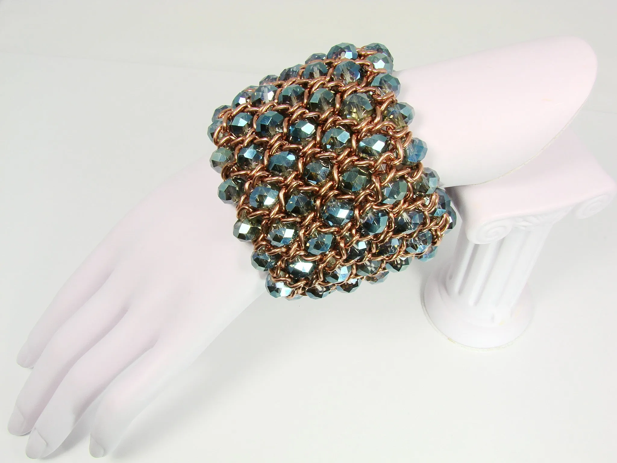 Chunky Bead Bracelet Cuff Stretch Aquamarine Beads