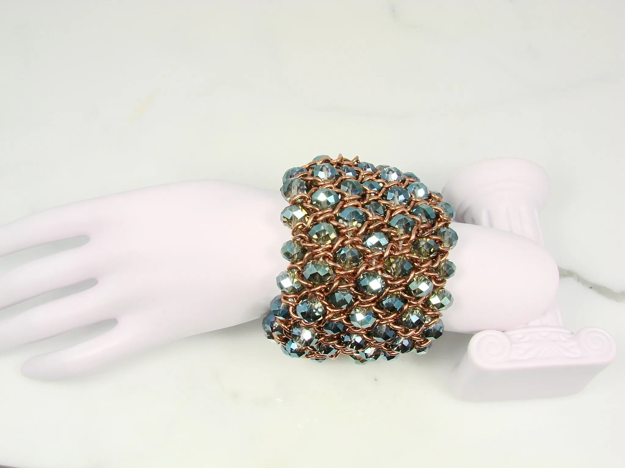 Chunky Bead Bracelet Cuff Stretch Aquamarine Beads