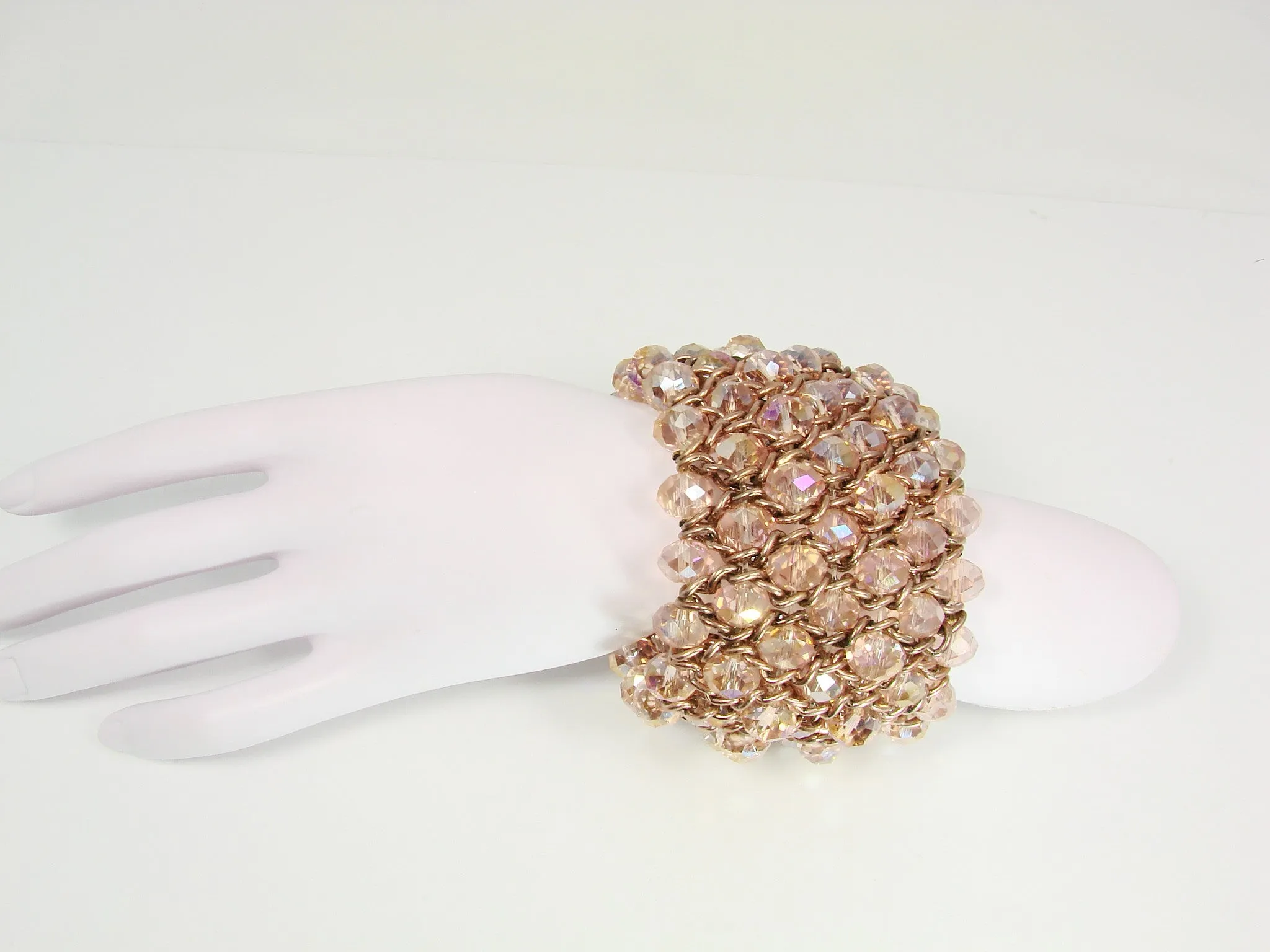 Chunky Bead Bracelet Cuff Stretch Rose Color Beads