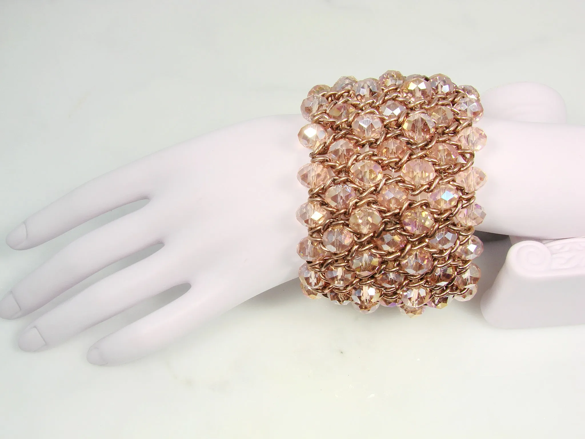 Chunky Bead Bracelet Cuff Stretch Rose Color Beads