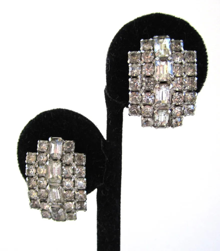 Circa 1950s Kramer Curved Rhinestone Sparkling Clip-back Earrings