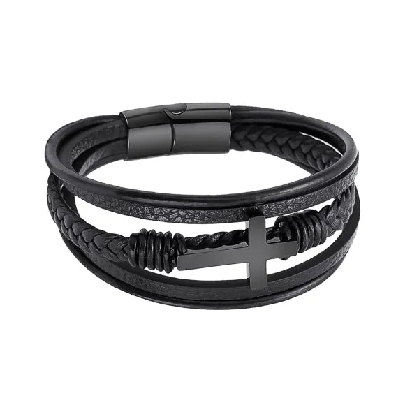 Classy Men Black Cross Leather Bracelet