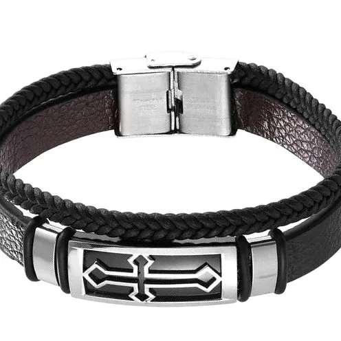 Classy Men Silver Cross Leather Band Bracelet