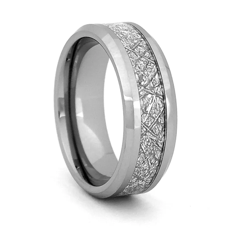 Comfort Fit 8mm Tungsten Carbide Wedding Ring With Meteorite-Look Inlay