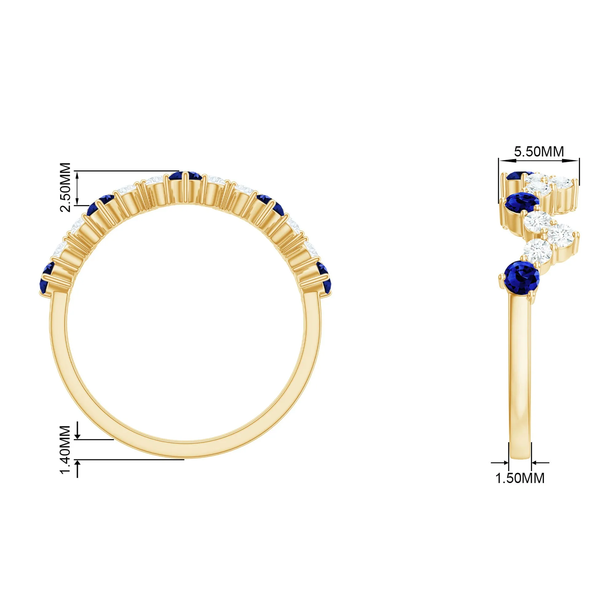 Created Blue Sapphire and Diamond Zig Zag Half Eternity Ring