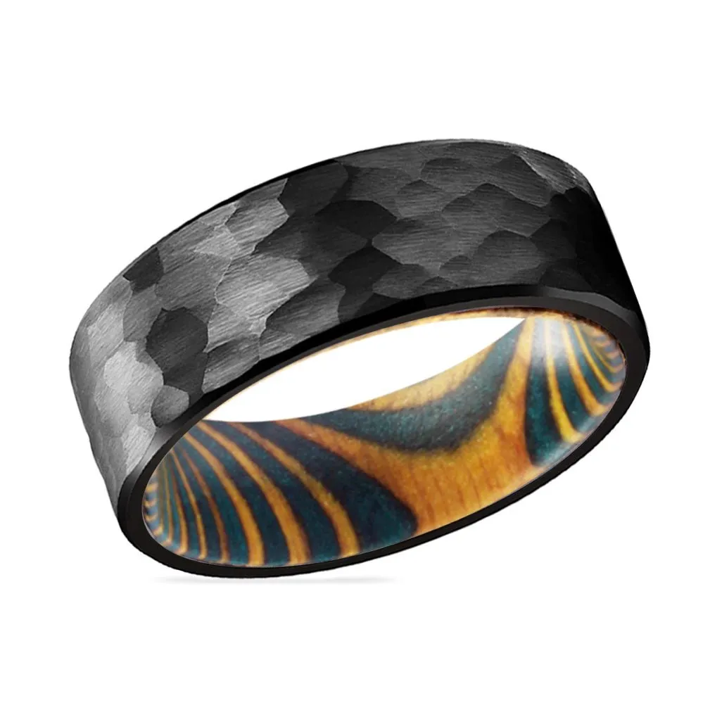 CROSSCUT | Green and Yellow Wood, Black Tungsten Ring, Hammered, Flat