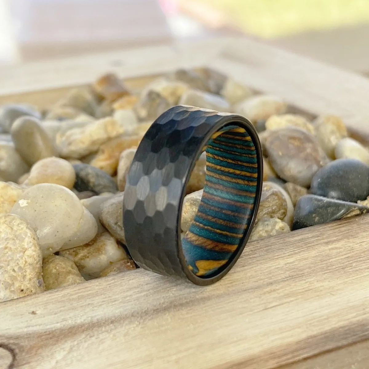 CROSSCUT | Green and Yellow Wood, Black Tungsten Ring, Hammered, Flat