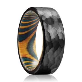 CROSSCUT | Green and Yellow Wood, Black Tungsten Ring, Hammered, Flat