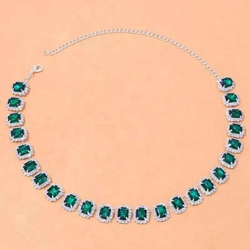 Crystal Rhinestone Fashion Square Stone Necklace for Women Wedding Bridesmaid Necklaces