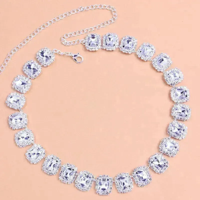 Crystal Rhinestone Fashion Square Stone Necklace for Women Wedding Bridesmaid Necklaces