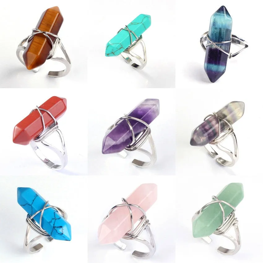 Crystal Ring 18 Different Stones You Choose Rose Quartz Amethyst Aventurine Opal Turquoise Agate Jasper Hematite Malachite Lapis Lazuli Tiger Eye Long Stone Stackable Adjustable Ring Aura Cleansing Meditation Healing