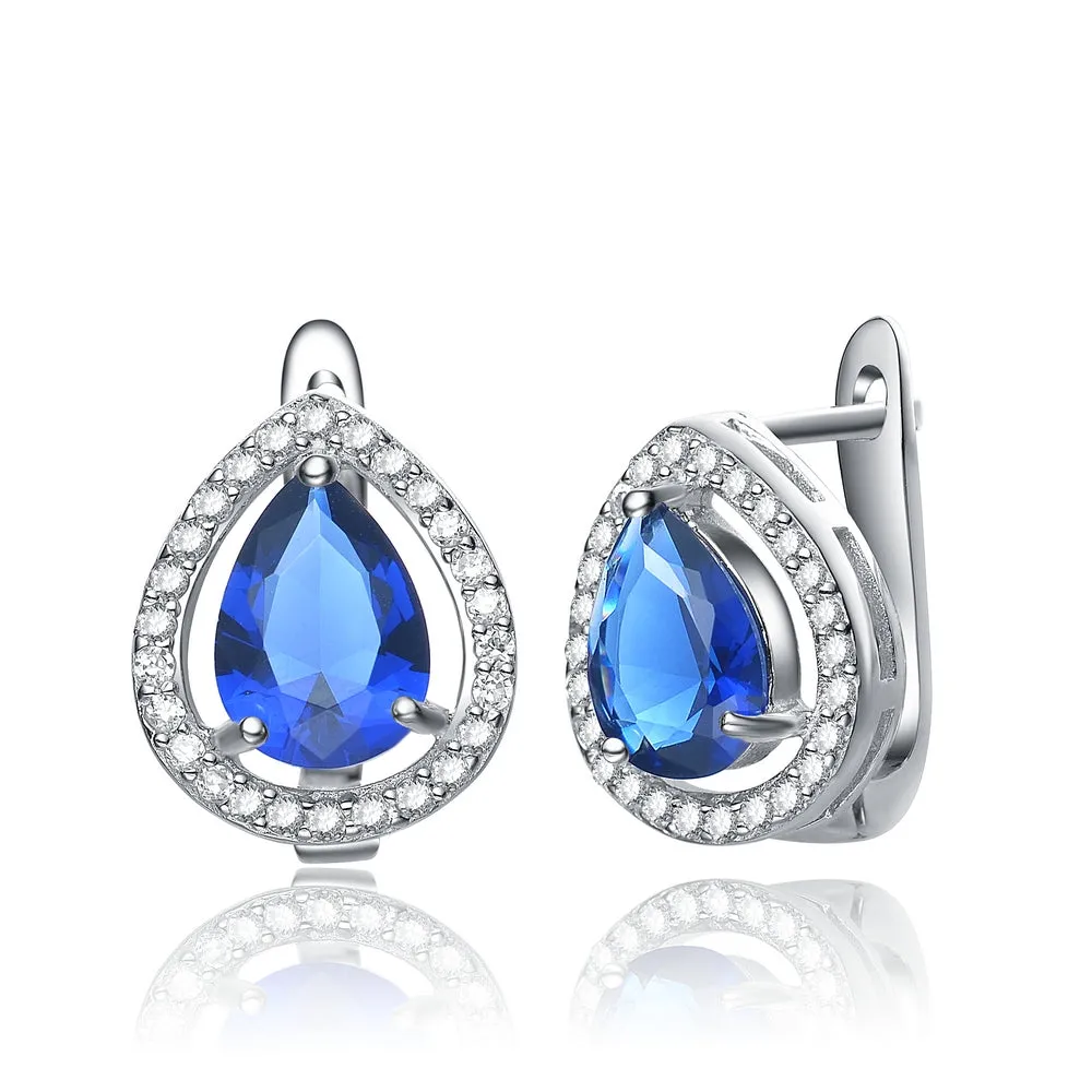 Cubic Zirconia Sterling Silver Rhodium Plated Sapphire Tear Shape Earrings