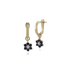 Damen 375 Gold 9ct Gelbgold Rund Saphir & Diamant Blumen Cluster Tropfen Ohrringe Blau