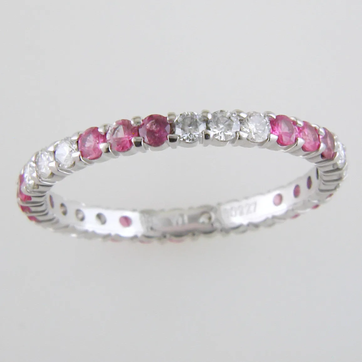 Diamond & Pink Sapphire Three Alternating Eternity Wedding Band Anniversary Ring 18K White Gold