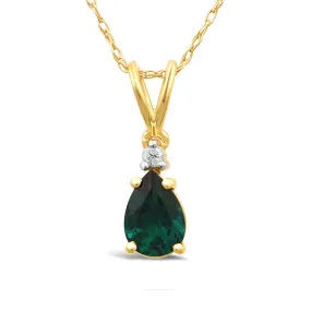 Diamond Set Pear Created Emerald Necklace in 9ct Yellow Gold