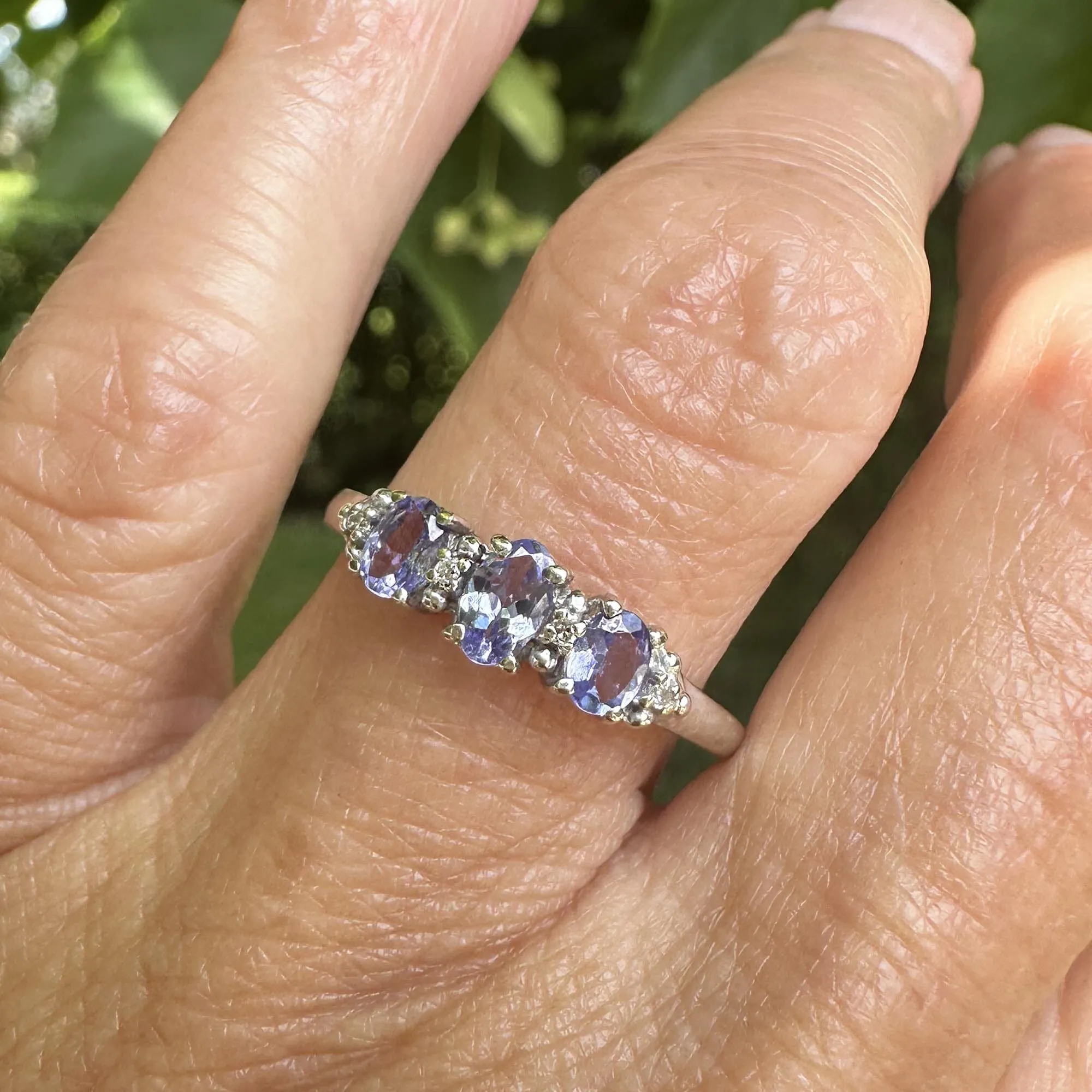 Diamond Three Stone Tanzanite Ring Band in White Gold