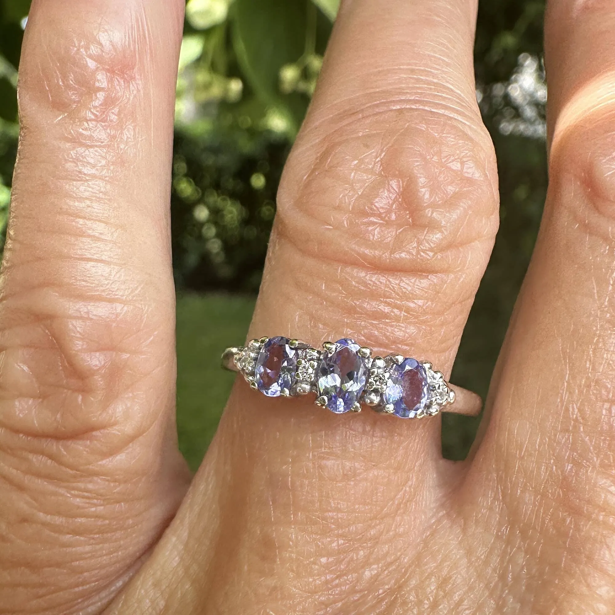 Diamond Three Stone Tanzanite Ring Band in White Gold