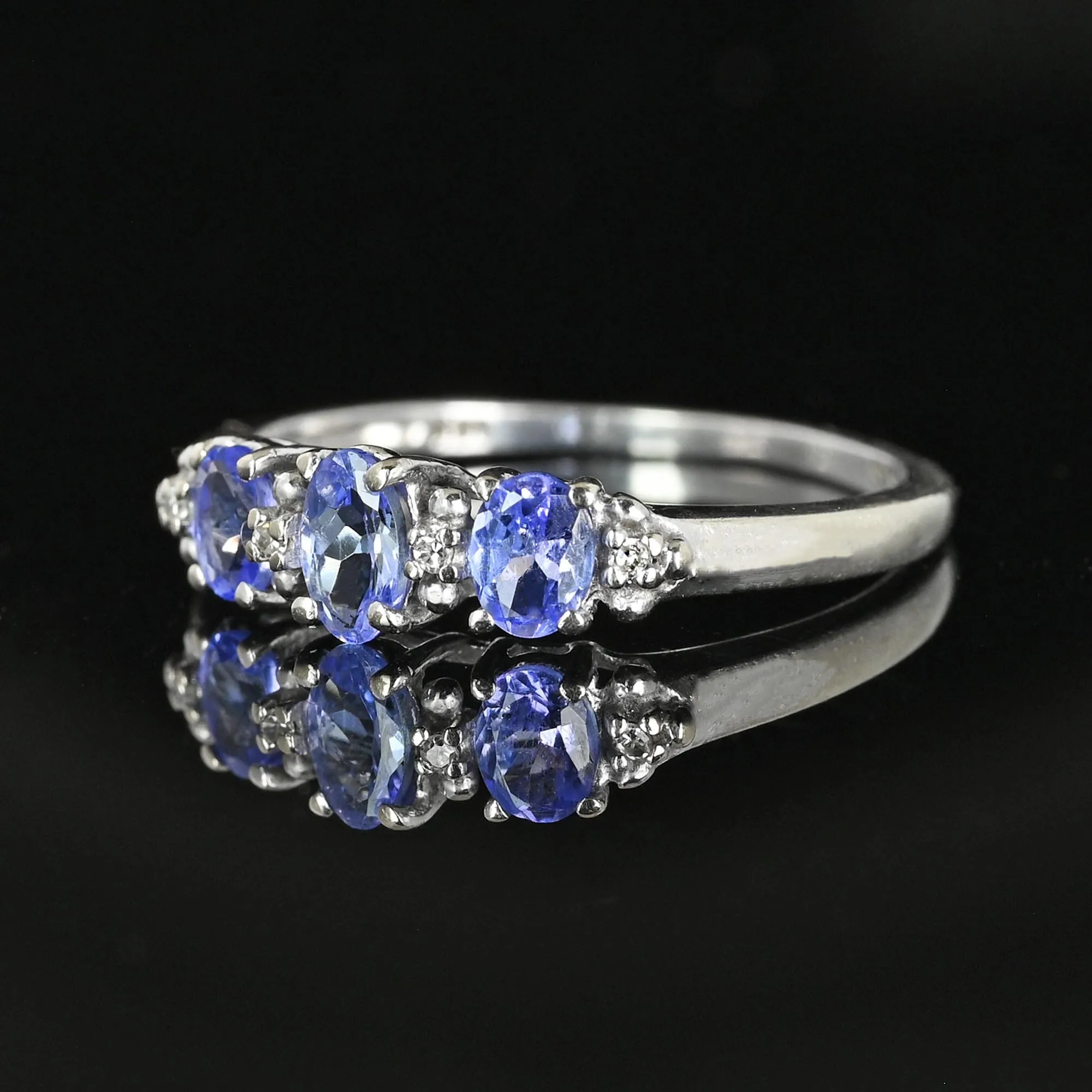 Diamond Three Stone Tanzanite Ring Band in White Gold