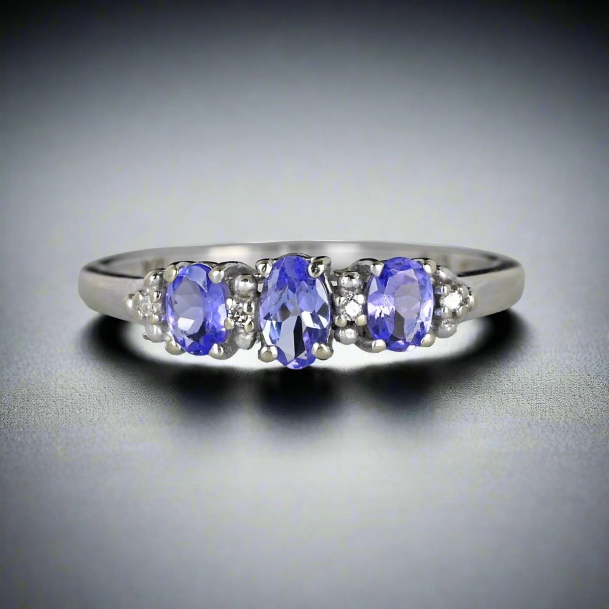 Diamond Three Stone Tanzanite Ring Band in White Gold