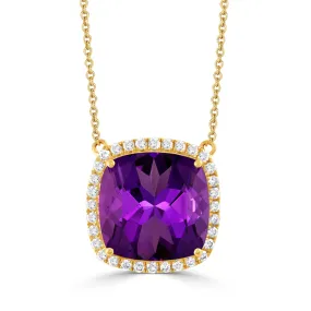 Doves 18K Yellow Gold Cushion Amethyst with Diamond Halo Pendant Necklace