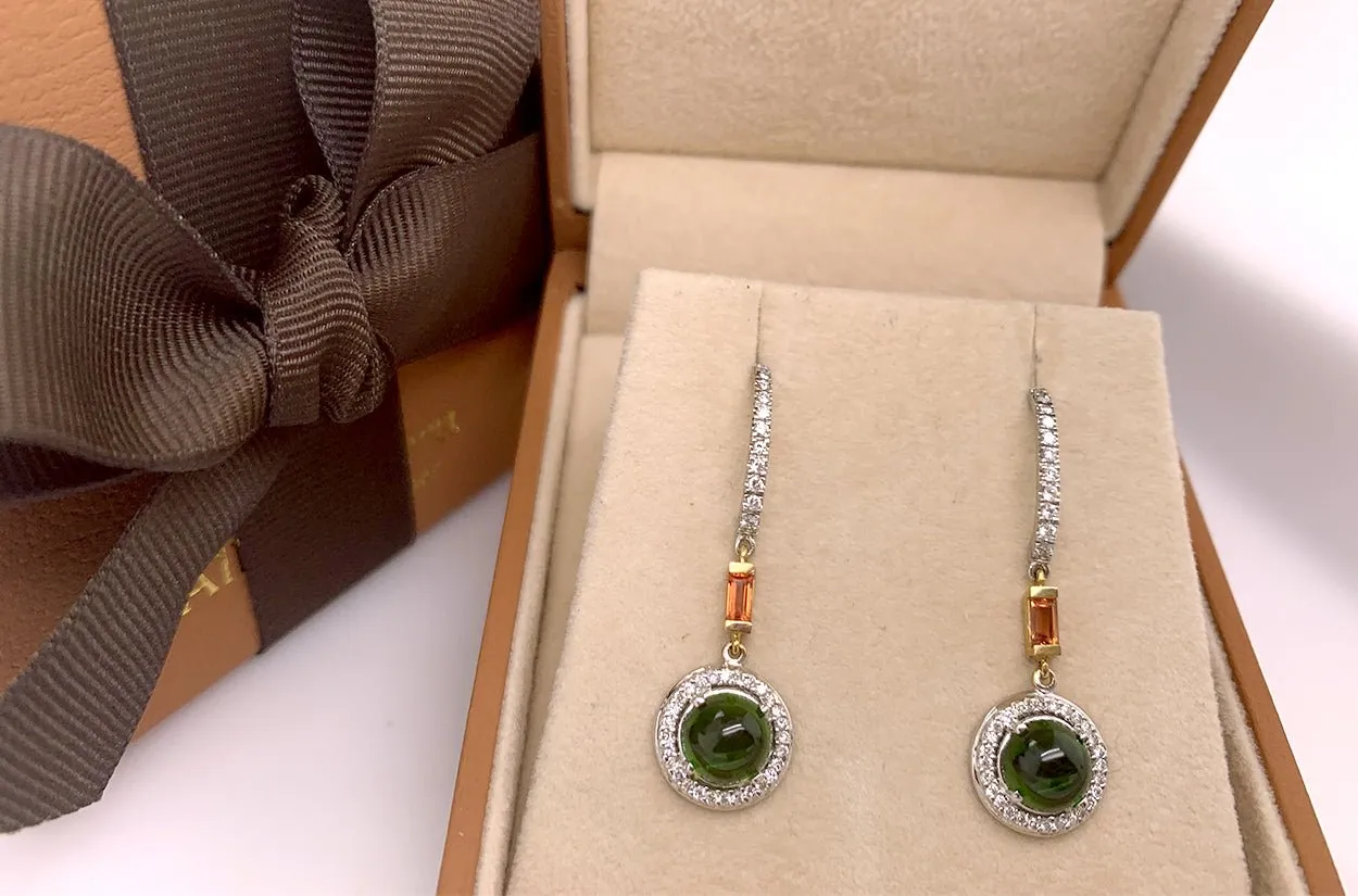 Earrings 18kt Gold Cabochon Tsavorite Sapphire Baguettes & Diamonds