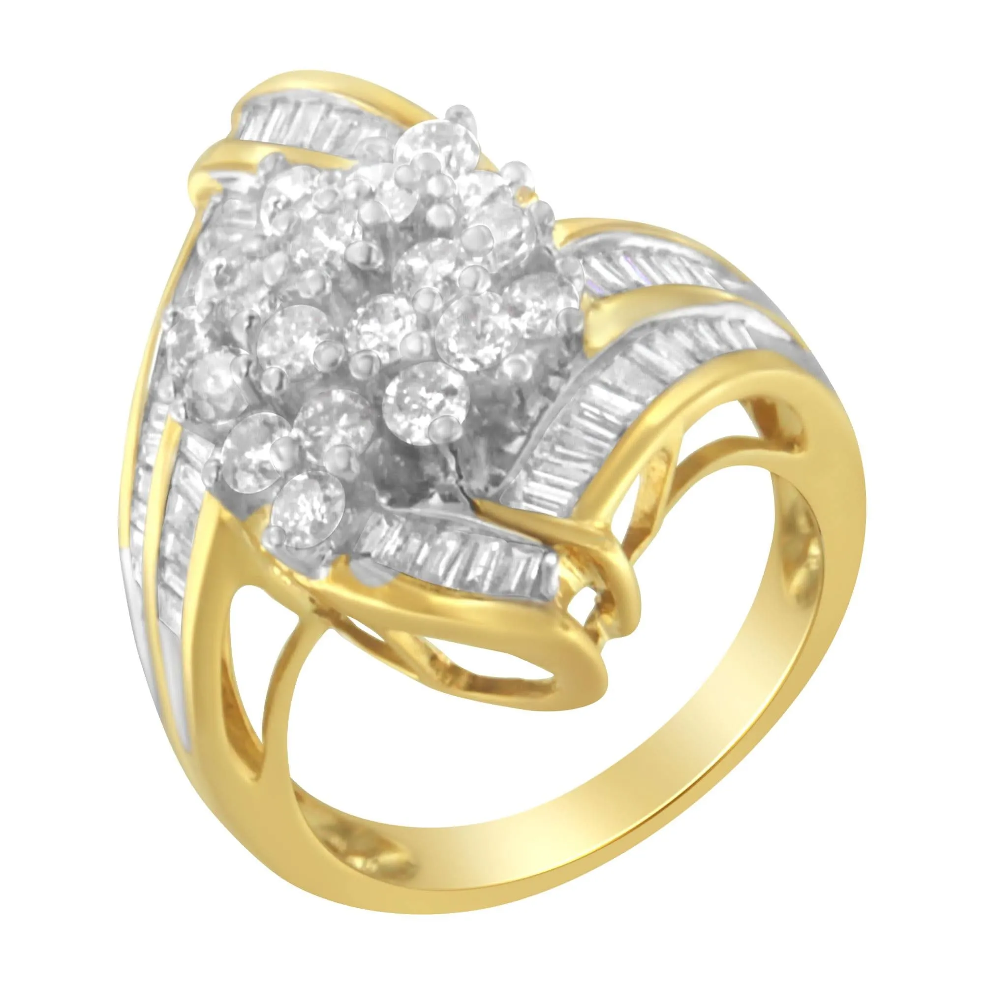 Elegant 10K Yellow Gold Diamond Swirl Ring with Round and Baguette Cuts (2.0 Cttw, J-K Color)