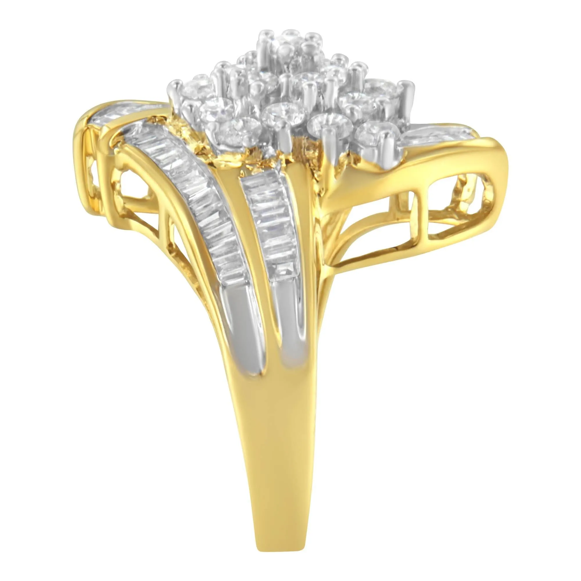 Elegant 10K Yellow Gold Diamond Swirl Ring with Round and Baguette Cuts (2.0 Cttw, J-K Color)