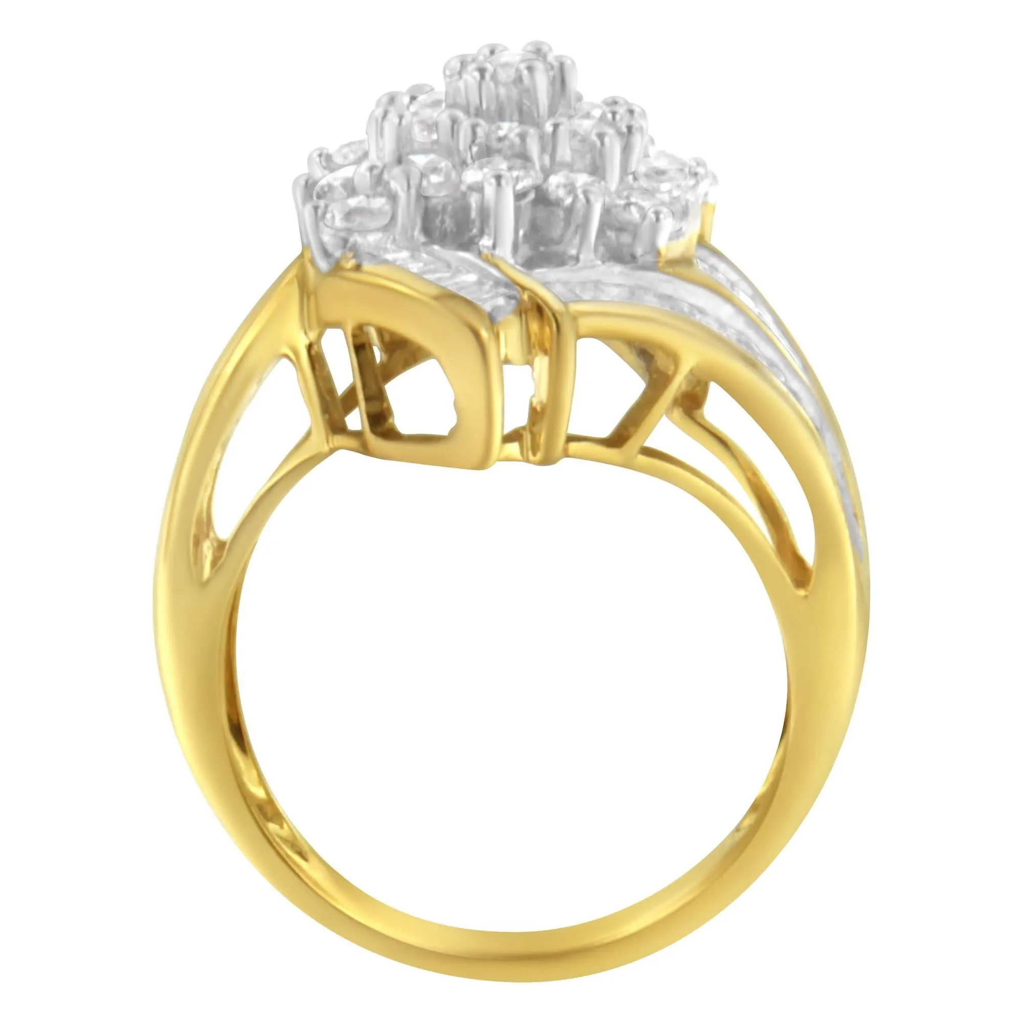 Elegant 10K Yellow Gold Diamond Swirl Ring with Round and Baguette Cuts (2.0 Cttw, J-K Color)