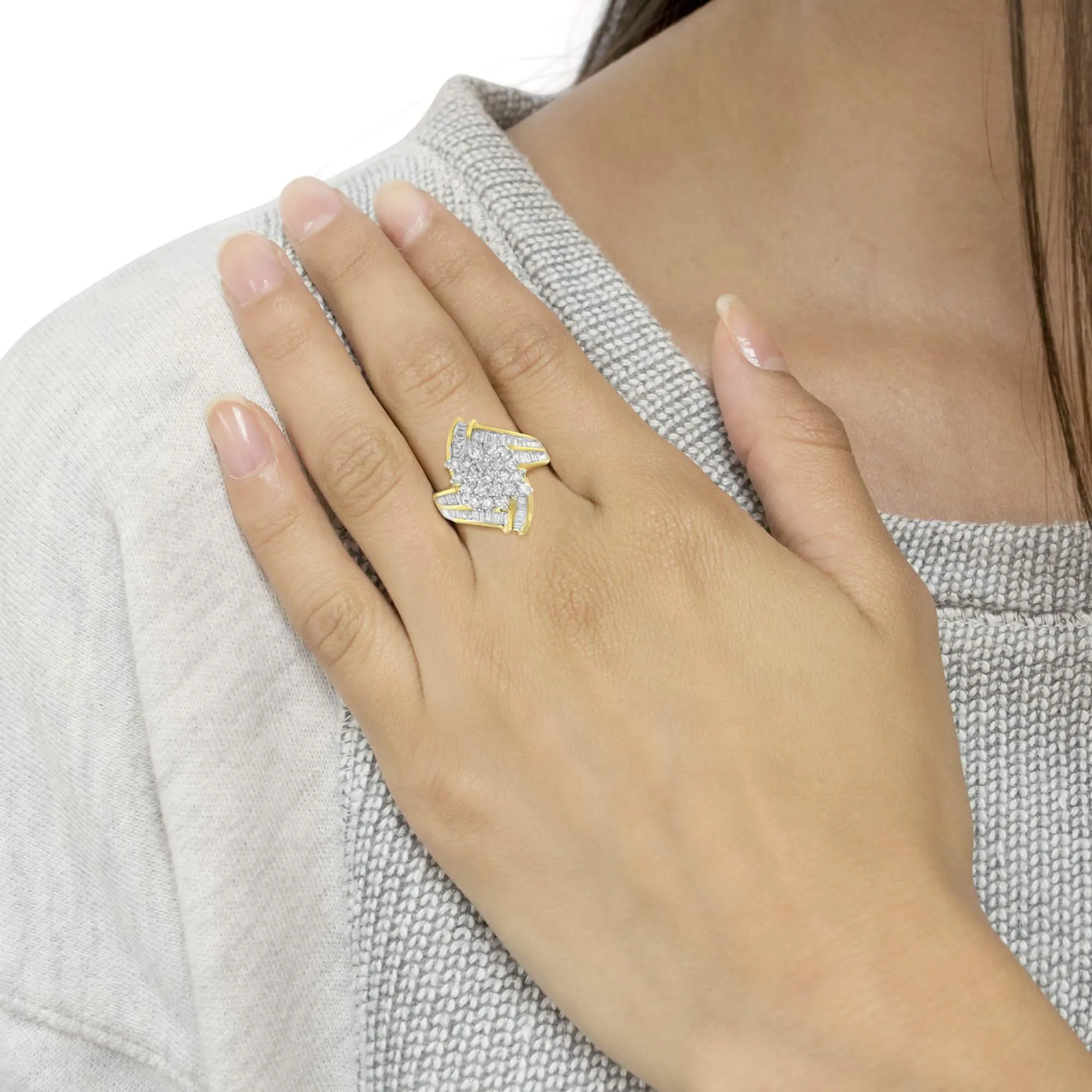 Elegant 10K Yellow Gold Diamond Swirl Ring with Round and Baguette Cuts (2.0 Cttw, J-K Color)