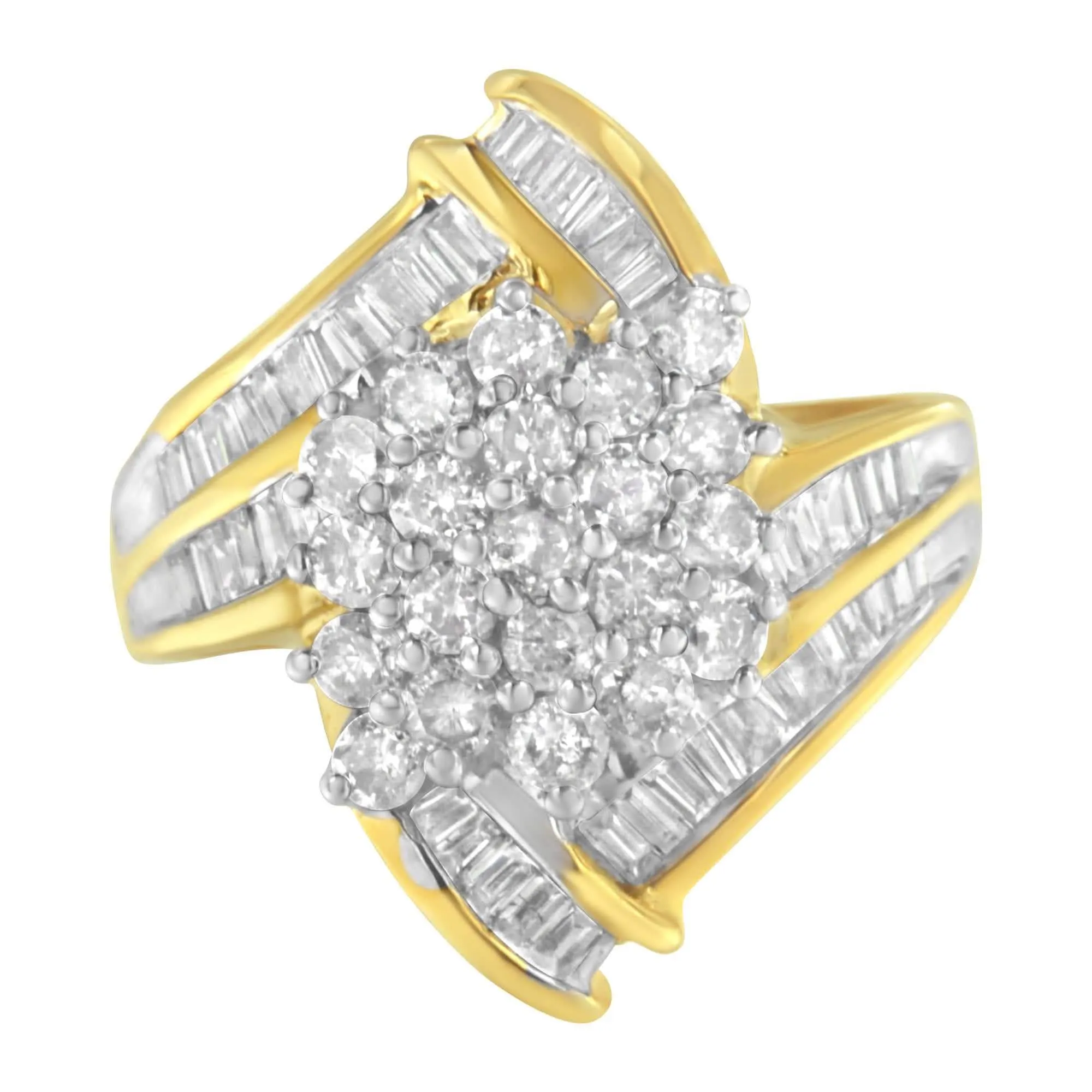 Elegant 10K Yellow Gold Diamond Swirl Ring with Round and Baguette Cuts (2.0 Cttw, J-K Color)