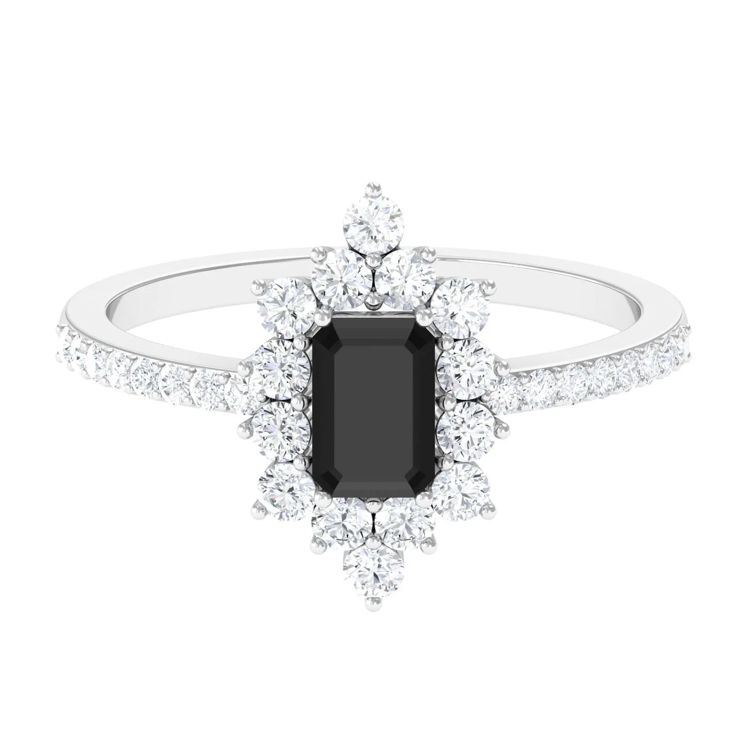 Emerald Cut Created Black Diamond Halo Engagement Ring with Diamond