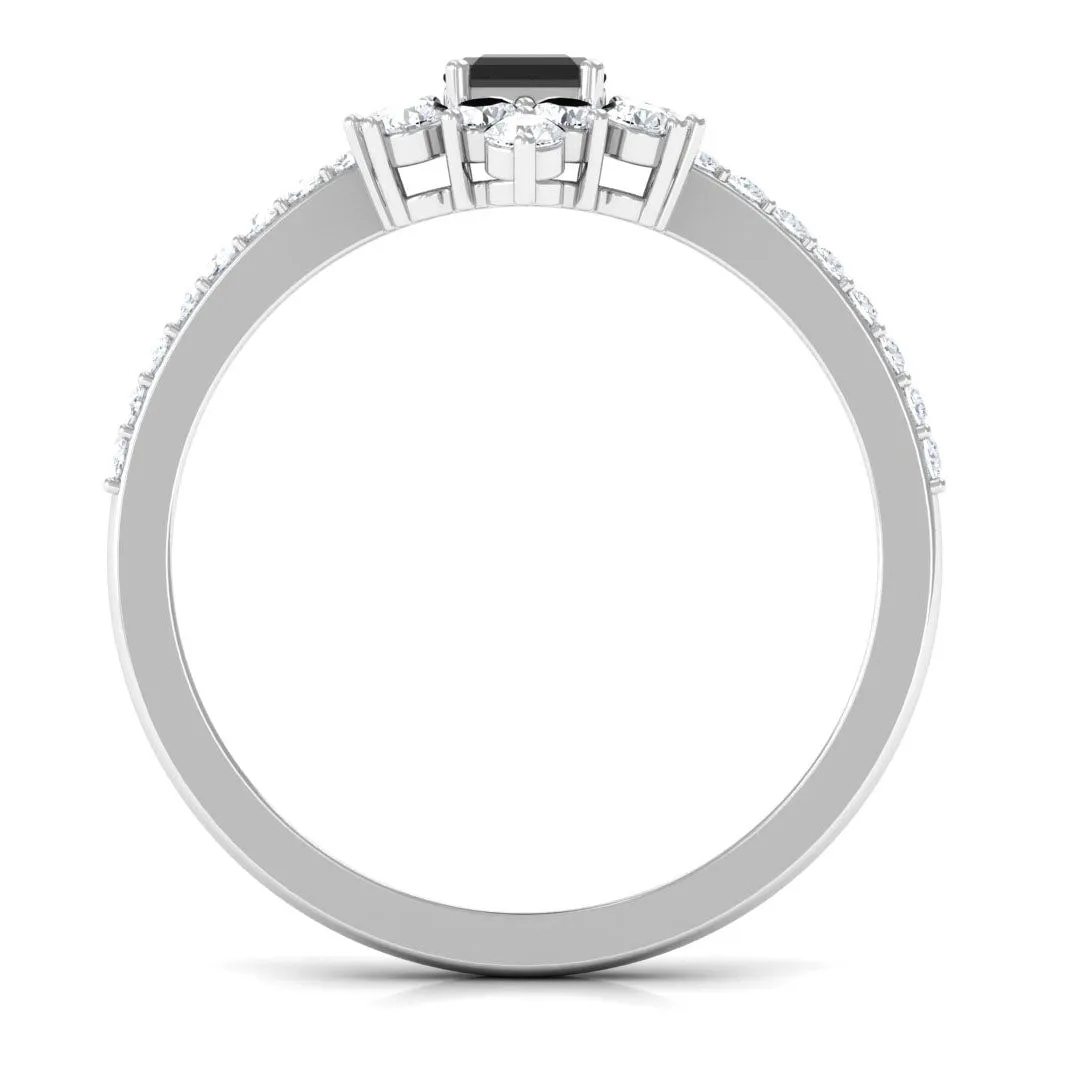 Emerald Cut Created Black Diamond Halo Engagement Ring with Diamond