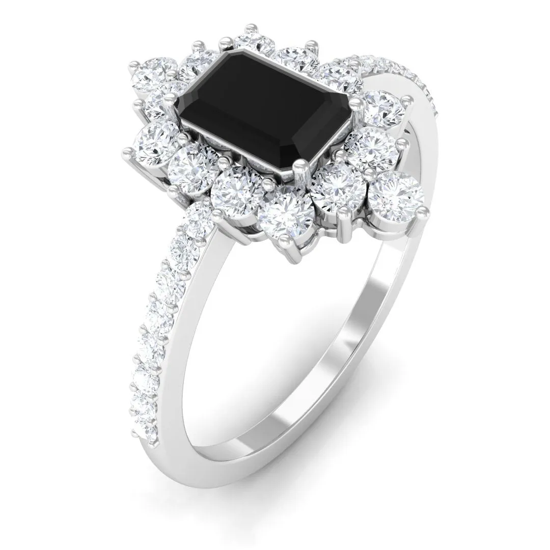 Emerald Cut Created Black Diamond Halo Engagement Ring with Diamond