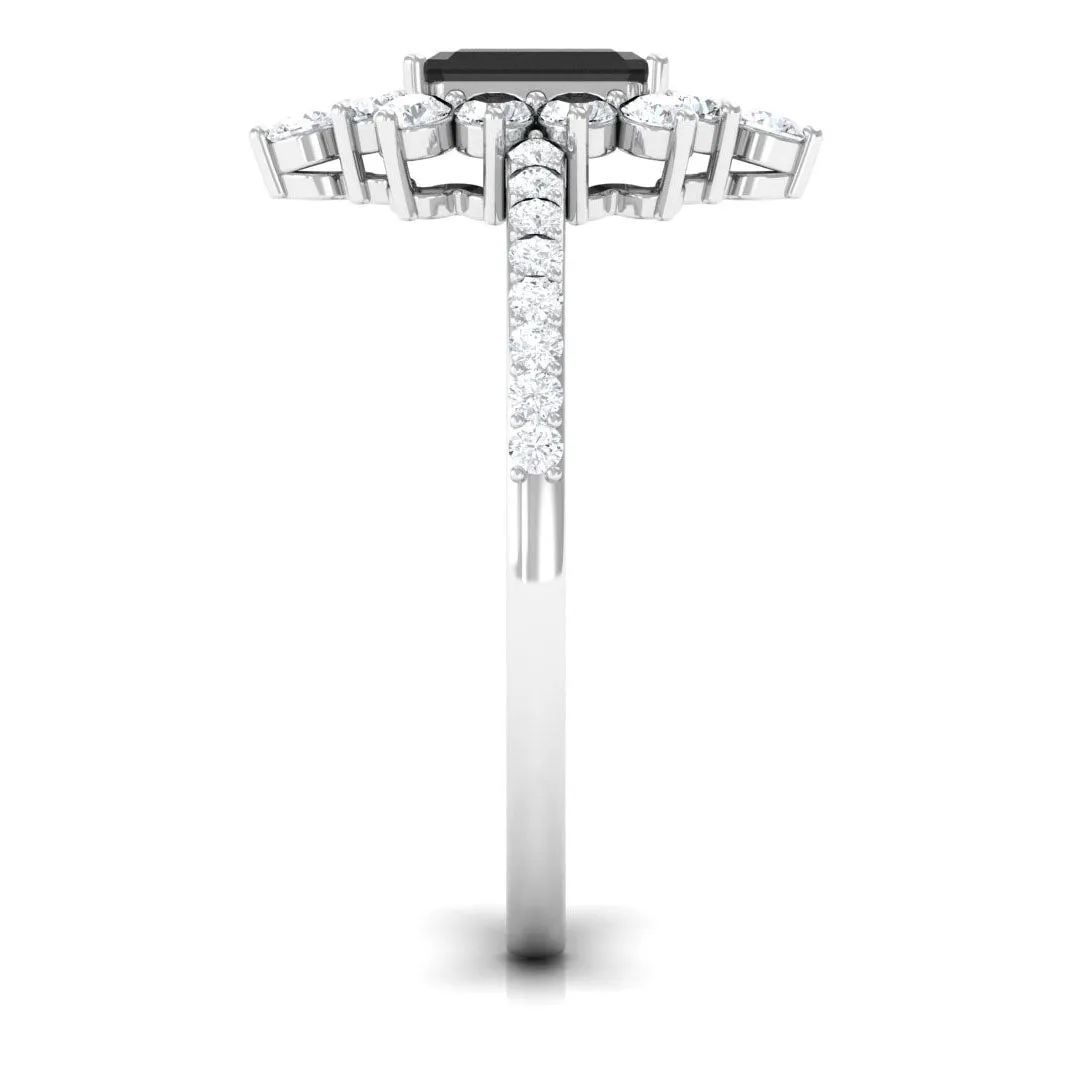 Emerald Cut Created Black Diamond Halo Engagement Ring with Diamond