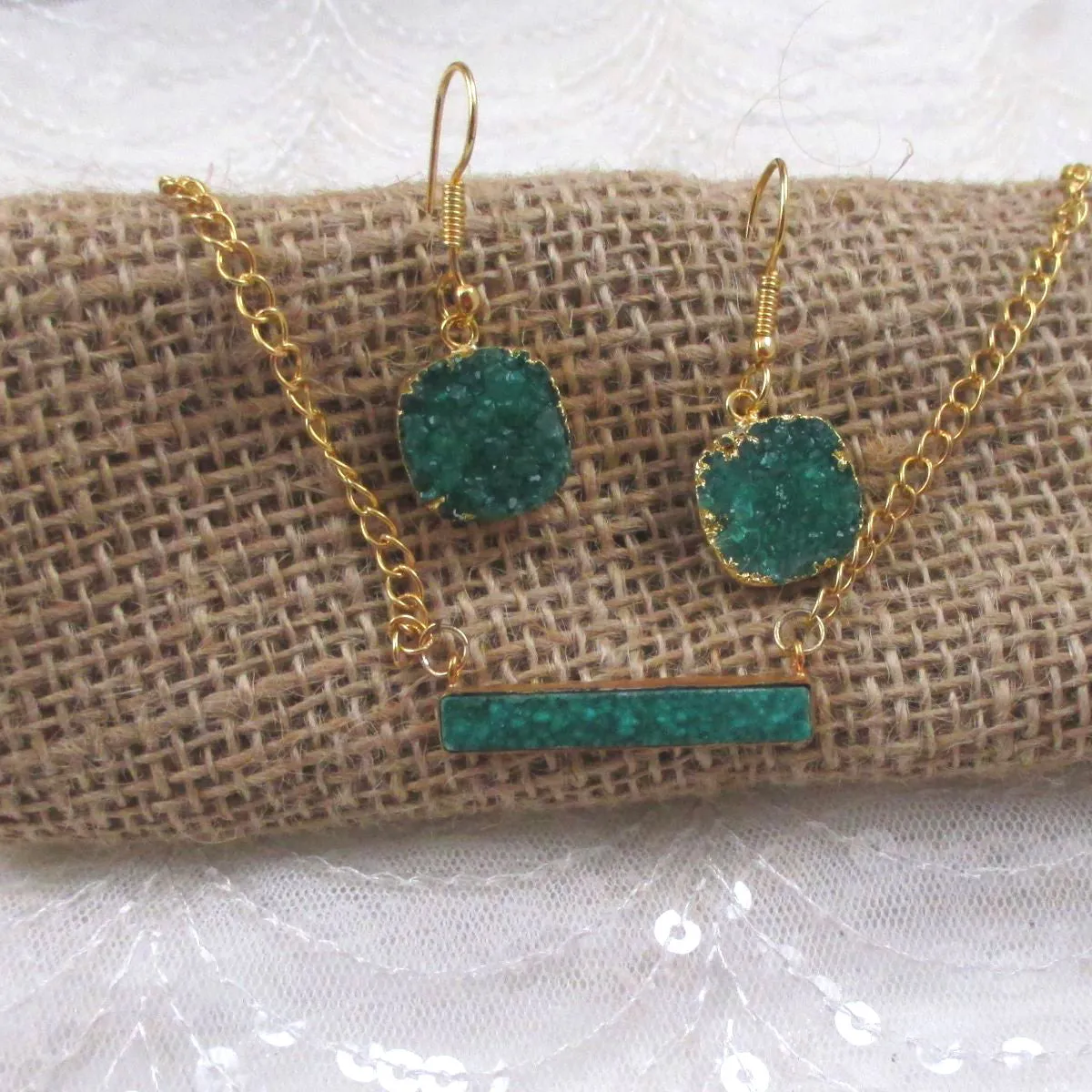 Emerald Green  Druzy Bar Pendant on Gold Chain Necklace & Earrings