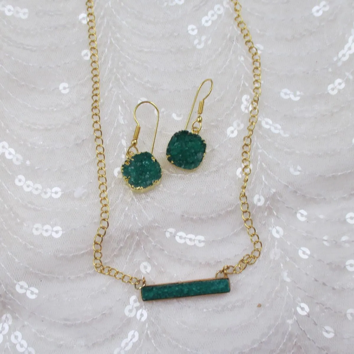 Emerald Green  Druzy Bar Pendant on Gold Chain Necklace & Earrings