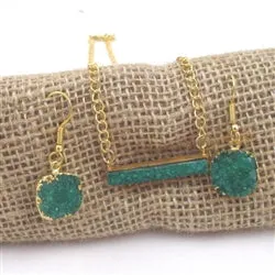 Emerald Green  Druzy Bar Pendant on Gold Chain Necklace & Earrings