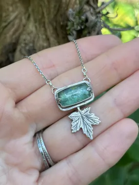 Emerald Green Kyanite Rectangle Necklace with Maple Leaf Accent ￼